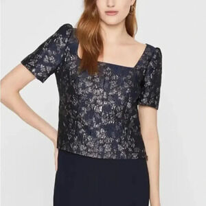 NWT Club Monaco Metallic Brocade Puff Sleeve Blouse-Navy Multi